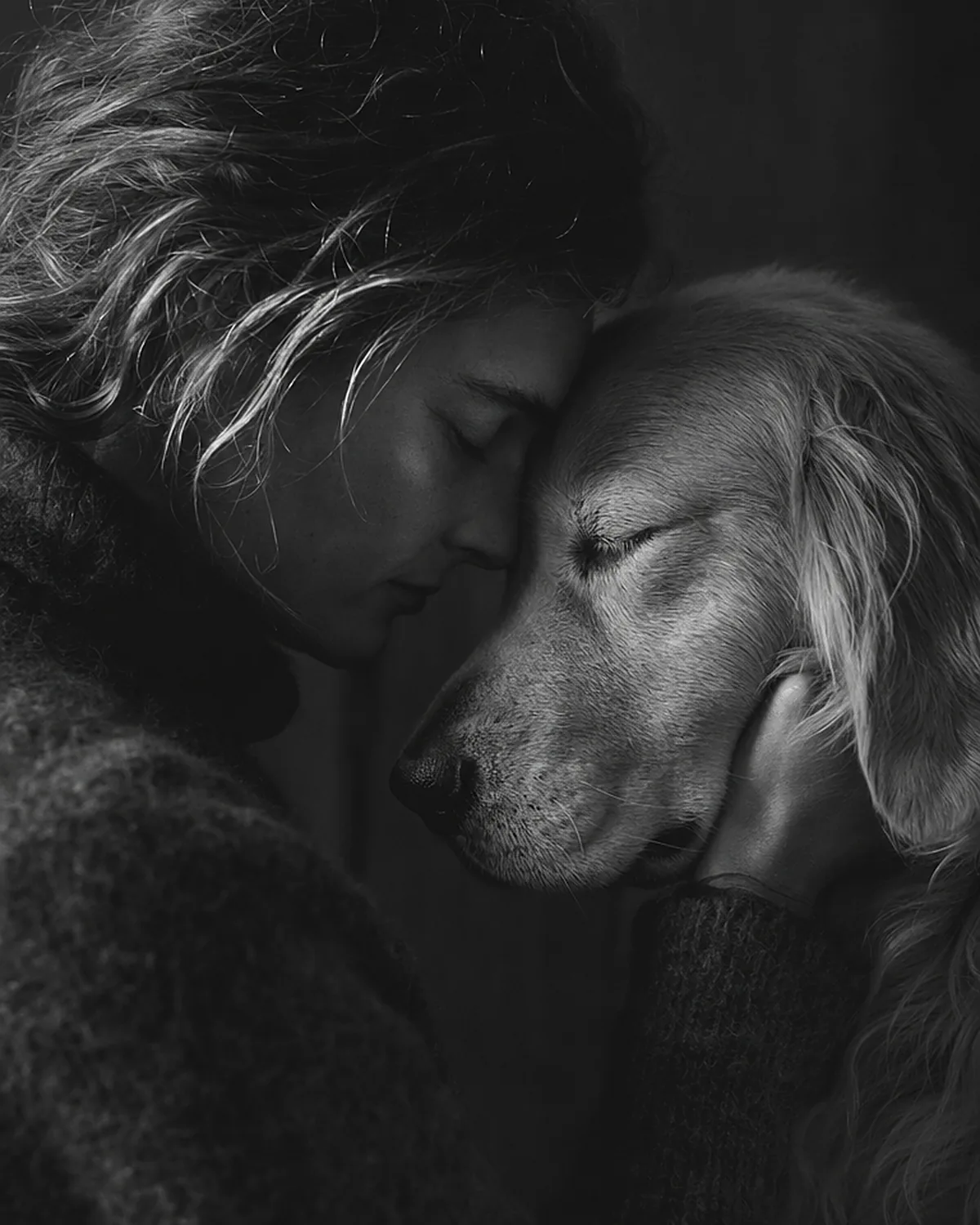 A person holding their dog close, cheek to fur